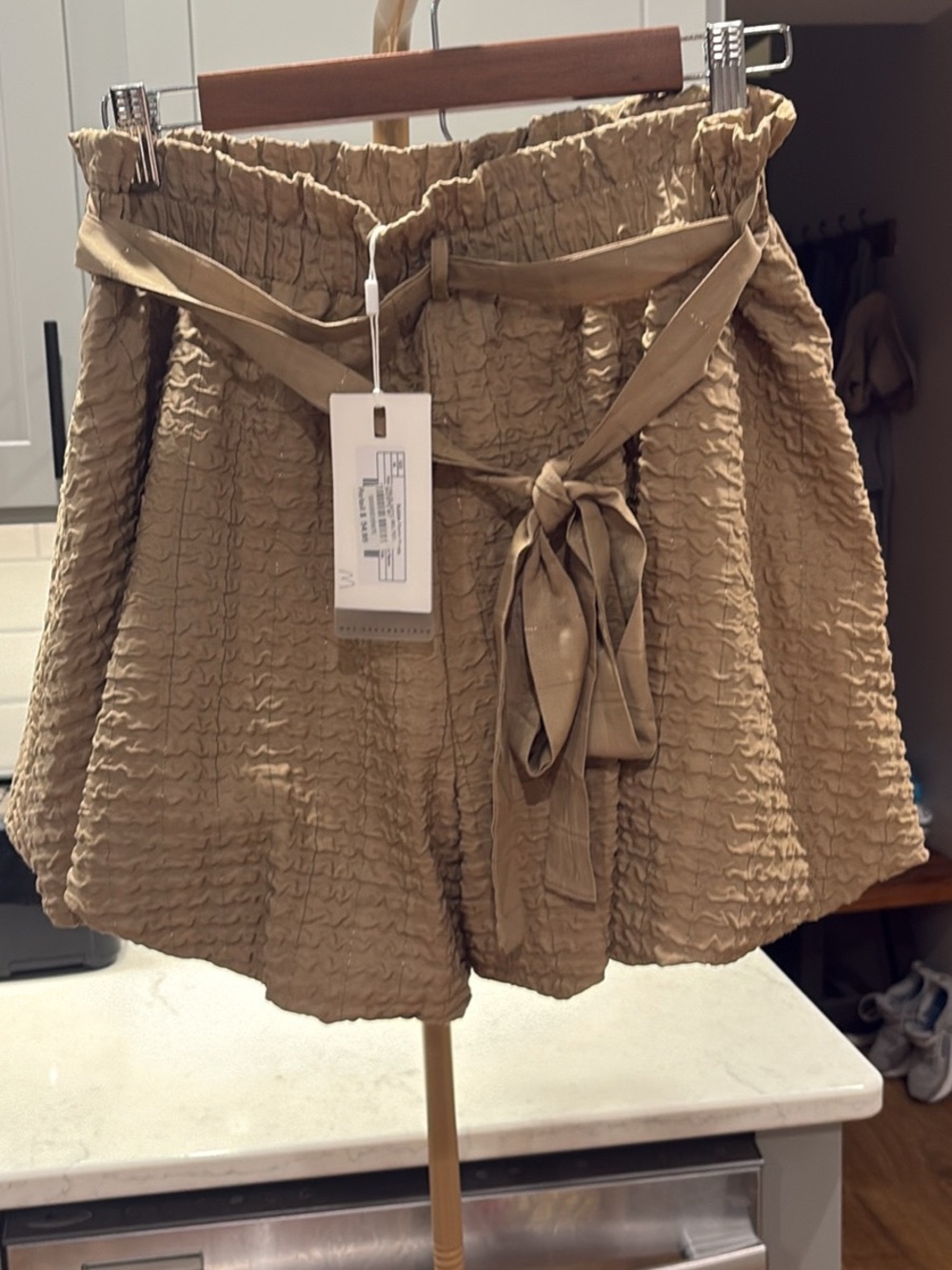 Textured High-Waist Paperbag Shorts with Self-Tie Belt — Tan